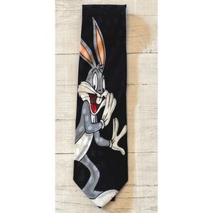 Vintage Looney Tunes Bugs Bunny Silk Necktie 1995 Warner Bros Black Polka Dot
